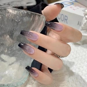 Coffin Press On Nails Long Black Purple Gradient Starry Galaxy Glitter Glossy False Nails For Women Daily Wear