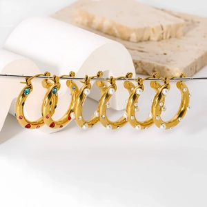 18K gold plated stainless steel C-hoop earrings with colorful crystals and pearls