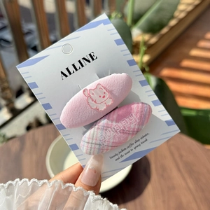 Pink checkered and solid color fabric hair clips with cute puppy cartoon embroidery