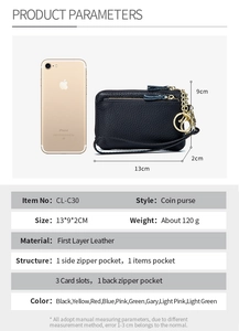 Detailed size comparison of black leather coin purse with iPhone and product parameters