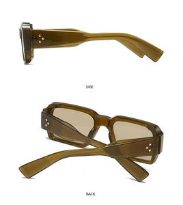 Detail of square olive green sunglasses featuring star rivets on the side and back view
