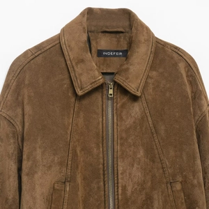 Brown faux suede jacket featuring a stand collar and high-quality front zipper closure