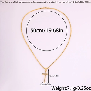 Detailed dimensions of gold stainless steel cross necklace with crystal pendant