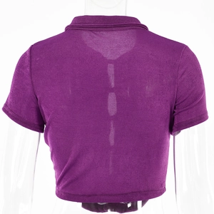 Detailed back view of a dark purple short sleeve crop top with a classic collar