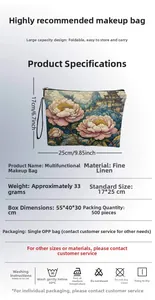 Floral makeup bag detail showing 25x17cm dimensions and fine linen material texture