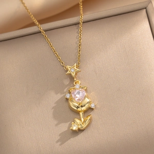 Elegant rose gold tulip pendant necklace with pink heart gemstone and sparkling crystals