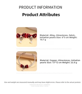 Detail of red velvet bow hair clips and headband with rhinestones and faux pearls