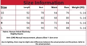Detailed size chart for bow velvet top including length, chest, waist and hem in cm