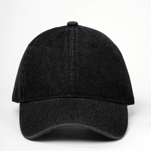 Classic plain black washed denim baseball cap with adjustable strap and breathable holes