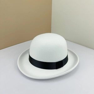 Classic white wool felt bowler hat with black ribbon band shown from a 45-degree angle