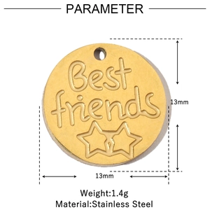 Detailed macro view of 13mm gold plated stainless steel Best Friends engraved round charm