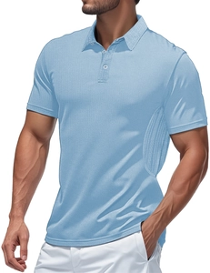 Detail of light blue men's polo shirt with three-button collar and breathable mesh fabric