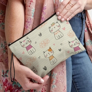 Trousse Per Trucco In Lino Con Stampa Gatto Cane Cartone Animato Cerniera Borsa Da Viaggio Portatile Con Cinturino Da Polso Per Donne