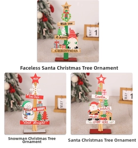 Detailed view of three festive wooden Christmas gnomes, snowmen and Santa table decorations