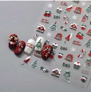 3D relief Christmas nail stickers with snowflakes and trees, red and green embossed decals