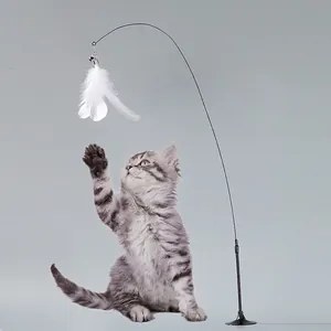Steel wire feather cat wand toy with heavy duty suction cup for interactive pet play