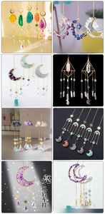 Detail of hanging suncatchers featuring natural crystals and golden moon-shaped metal frames