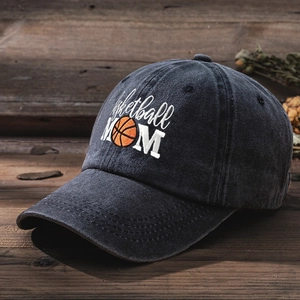 Close-up of vintage washed cotton baseball cap featuring Basketball MOM embroidery
