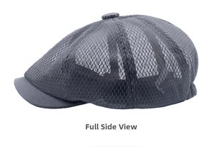 Side view of dark gray mesh newsboy cap featuring breathable fabric and structured brim