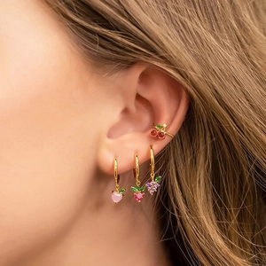Colorful fruit earring set with cherry ear cuff and crystal strawberry grape pendants