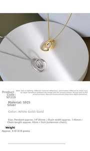 Detail showing S925 silver interlocking oval pendant specs in gold and white gold finishes