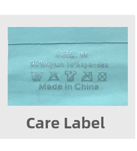 Care label showing size M and fabric mix of 90% nylon and 10% spandex on blue fabric