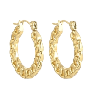French vintage style gold Cuban chain hoop earrings with high-polished texture