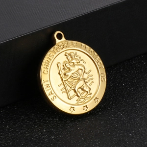 Golden Saint Christopher round pendant in stainless steel with protective engraving