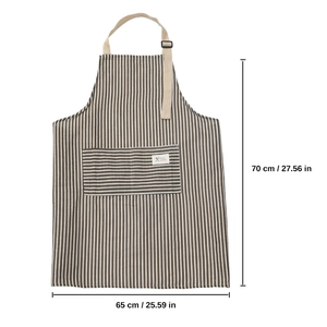 Detailed size chart of the brown striped apron showing 70cm length and 65cm width