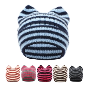 Gestreifte Strickmütze Katzenohr Form Acryl Plüsch Verdickt Warm Winter Kopfbedeckung Für Frauen Mädchen Süß Kawaii Stil