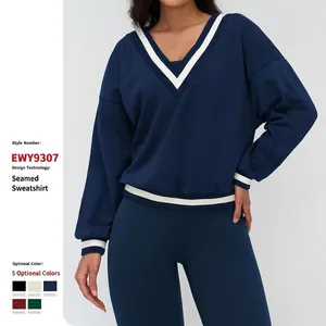 Women Cotton Polyester Tracksuit V Neck Contrast Stripe Sweatshirt And High Waist Tight Pants Sports Casual