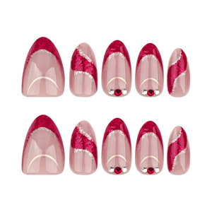 French red glitter almond press-on nails with silver lines and delicate rhinestones