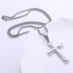 Unisex silver stainless steel multilayered cross pendant necklace with box chain