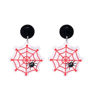 Detailed view of Halloween acrylic earrings featuring red spider web and black spider motifs