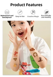 Close-up of cute cartoon cowboy temporary tattoos on a young boy arms for kids