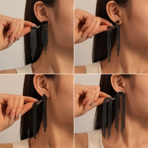 Black Rhinestone Tassel Drop Earrings With 925 Sterling Silver Earring Post Copper Geometric Dark Style For Women