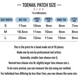 Size chart for handmade brown glitter press-on toenails in S, M, and L dimensions