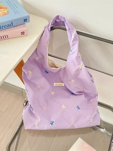 Purple plaid tote bag with colorful bow embroidery and a soft summer shoulder strap