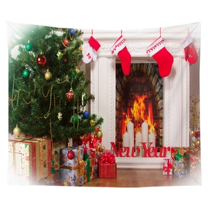 Detailed Christmas tapestry showing a festive fireplace with stockings and a decorated tree