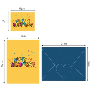 Detailed size guide for 3D birthday cards and envelopes in 9x7cm, 15x20cm, and 21x16cm