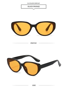 Vues détaillées avant et latérale de lunettes de soleil œil-de-chat noires à verres orange