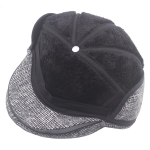 Winter men's herringbone flat cap with plush lining and ear flaps for warmth