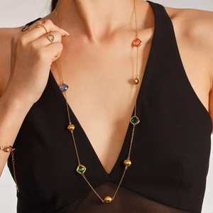 Long collier scintillant avec pierres en verre tchèque et acier inoxydable doré 18k