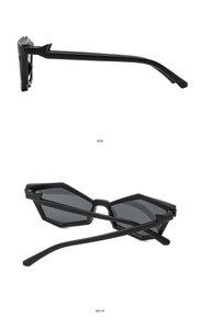 Detailed side and back view of black geometric polygon sunglasses with thick temples