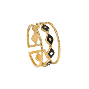 Three-layer gold stainless steel evil eye open ring with black enamel diamond design