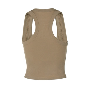 Detail view of khaki ribbed knit racerback crop top with high quality texture finish