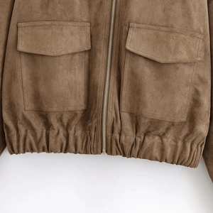 Brown faux suede jacket with pocket detail and front zipper closure for women