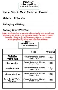 Size chart for 20cm mesh Christmas flower showing dimensions, weight, and materials