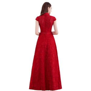 Elegant red lace evening gown with mandarin collar and A-line silhouette for formal events