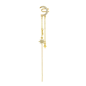 Elegant gold moon star ear cuff with long tassel chains and sparkling cubic zirconia